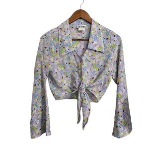 Y2K crop top tie waist floral button down shirt long bell sleeve blouse womens S